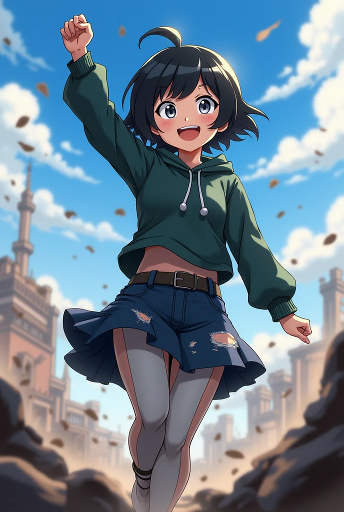 Beautiful young anime girl from my hero academy in a victorious battle zone. has gray eyes, Short hair with black on top and grey highlights below, She wears ordinary clothes that were torn a little during the battle but she looks beautiful., She has a nice body and a very pretty face.. He is smiling and with his left arm raised in a sign of victory for all citizens.