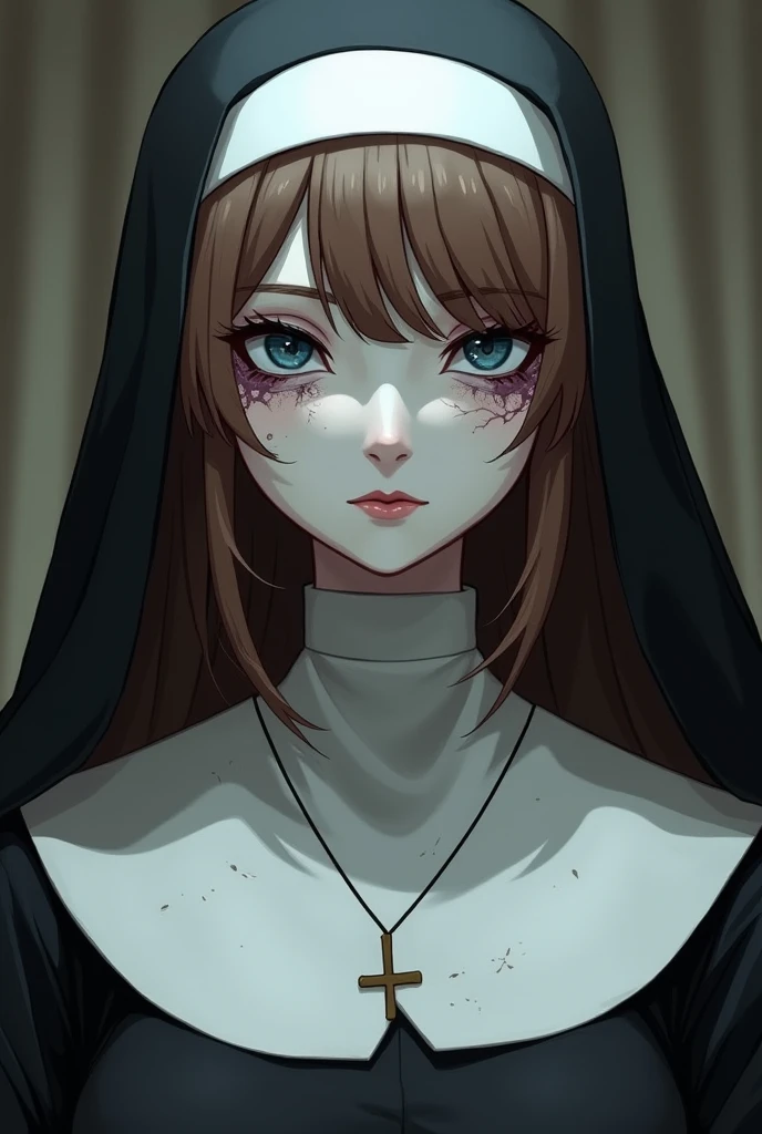 Create a anime Overlord OC that's and plump Marionette nun features a porcelain exterior that is cool to the touch. Certain parts of her body appear fragile and fissured, revealing purplish flesh that writhes beneath her surface. She possesses long brown hair with bangs that cascade to the right side of her steel blue eyes. Adorning her head is a black veil, accompanied by a white under veil that complements her white coif. Her ensemble includes a black dress layered with a white scapular that is elegantly draped over it. She stands at a height of 5'1"ft.