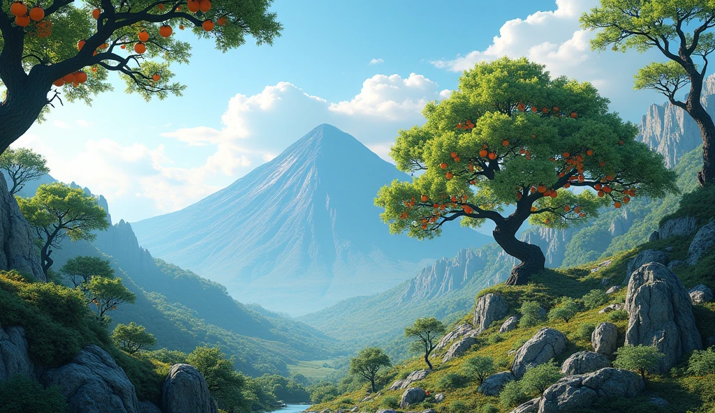 Front view,There is a mountain with many ash trees growing on it.,The yew tree bears fruits similar to persimmons(best quality,4K,8k,High level,masterpiece:1.2),Ultra Detailed,(lifelike,Photo real,Photo real:1.37)