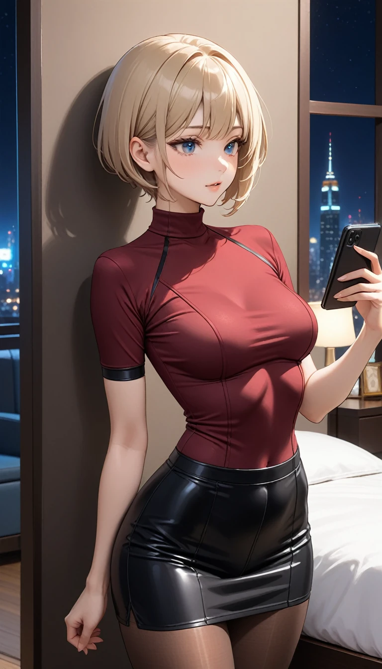 Beautiful 47y old woman with short undercut blonde hair with blue eyes wearing ((Tight Black Cirre Skirt)), ((Sexy Mock Neck Short Sleeves Dark Red Shirt)), ((Black Secretary Suit)), ((Secretary Suit)), ((White Tie)), ((Brown Pantyhose)), standing in her bedroom at night, holding her cellphone, (caucasian skin), (light brown lipstick), (elegant mascara), (slim body), (small breasts), (wide hips), midjourney, <lora:GoodHands-, <lora:GoodLegs-, UHD, high resolution, (masterpiece:1.9, best quality), (expressive eyes, perfect face, full body, expressive face, perfect body, perfect pussy, athletic, fit, slim body, blushing, Perfect makeup, eyeliner, beautiful eyelashes, smiling, horny face), ((best illumination, best shadows)), ((sexy pose)), score_9_up, score_8_up, score_7_up