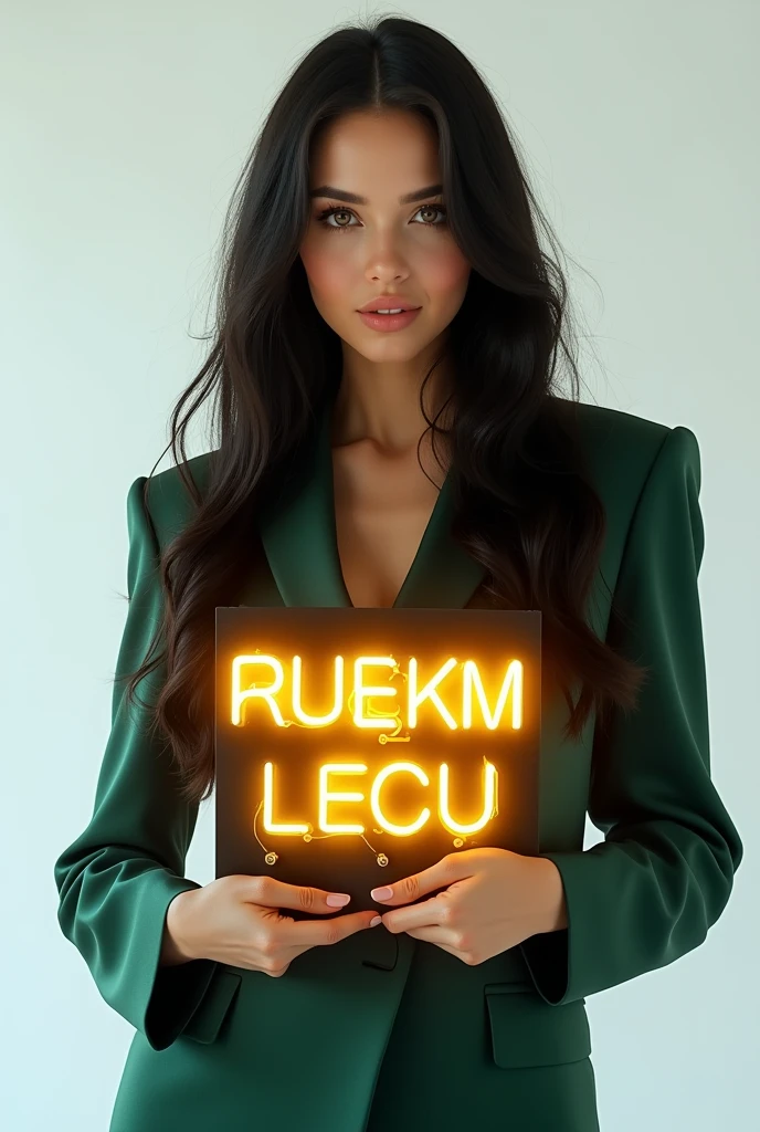 beautiful russian girl, with long black hair, in dark green silk suit, holding a neon sign board with a text "NAYAKHEL.COM" in golden color,  showing to the viewers with white background