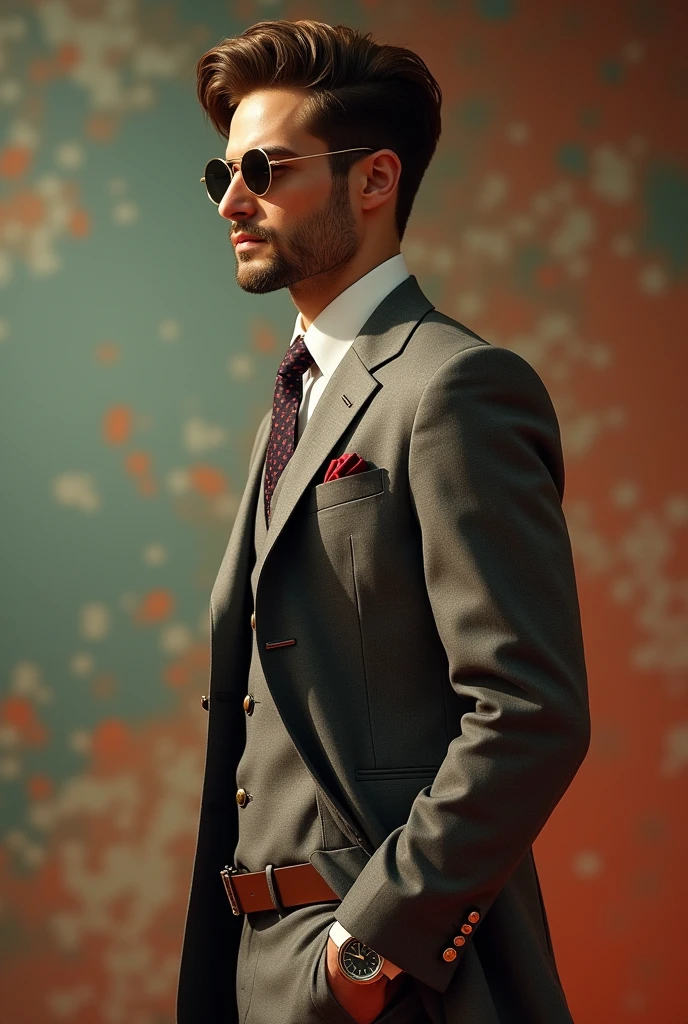 a male model in a vintage style, retro fashion composition, full dressed casual style man, front view, side view, 245 degrees view, wearing sunglasses and watch, (best quality,4k,8k,highres,masterpiece:1.2),ultra-detailed,(realistic,photorealistic,photo-realistic:1.37),HDR,UHD,studio lighting,ultra-fine painting,sharp focus,physically-based rendering,extreme detail description,professional,vivid colors,bokeh,portraits,photography