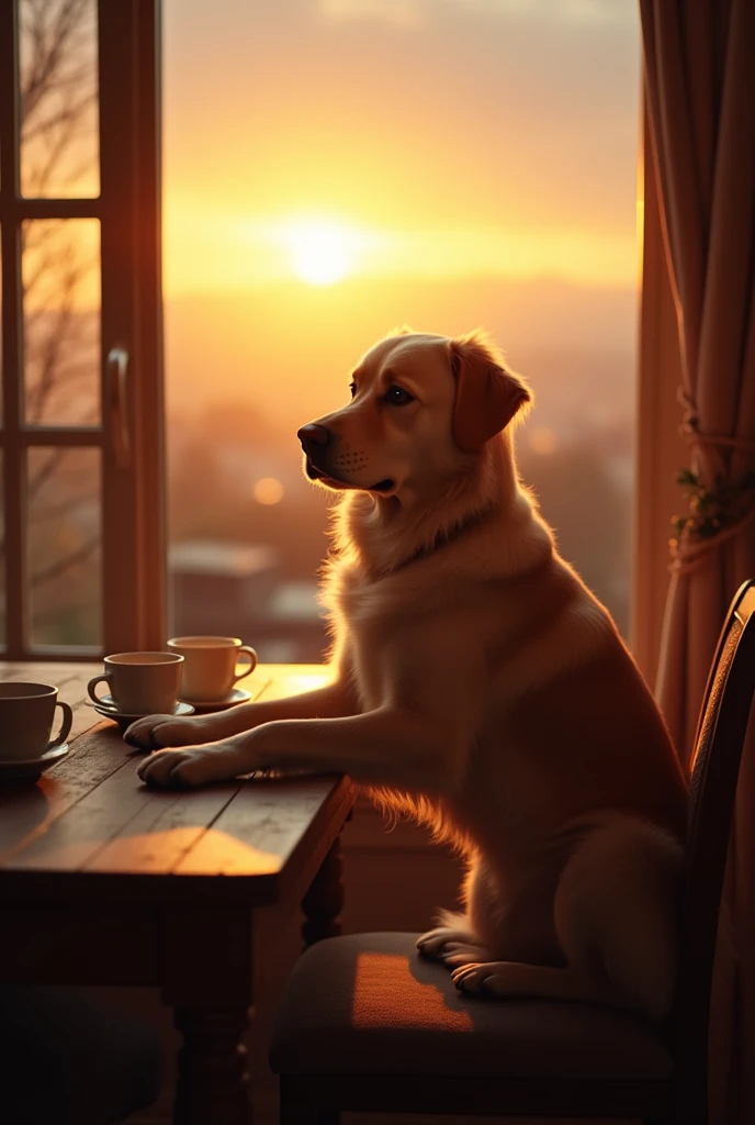 dog sitting on a chair at a table, sunset, window, coffee cups on the table, shallow-focus, 35mm, photorealistic, Canon EOS 5D Mark IV DSLR, f/5.6 aperture, 1/125 second shutter speed, ISO 100 --ar 2:3 --q 2 --v 4