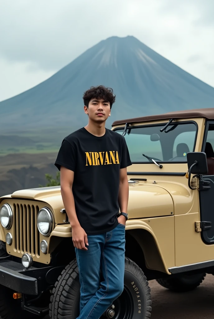 Stunning professional photo of a Korean man with short curly hair, standing next to a classic beige Jeep parked in front of Mount Bromo. Wearing a black nirvana t-shirt, blue jeans and black boots, he posed near a Jeep equipped with radial tires, brightly tinted windows and black accents, exuding a sense of adventure. The Bromo savanna illuminates the landscape, creating a harmonious blend of modern and classic elements
