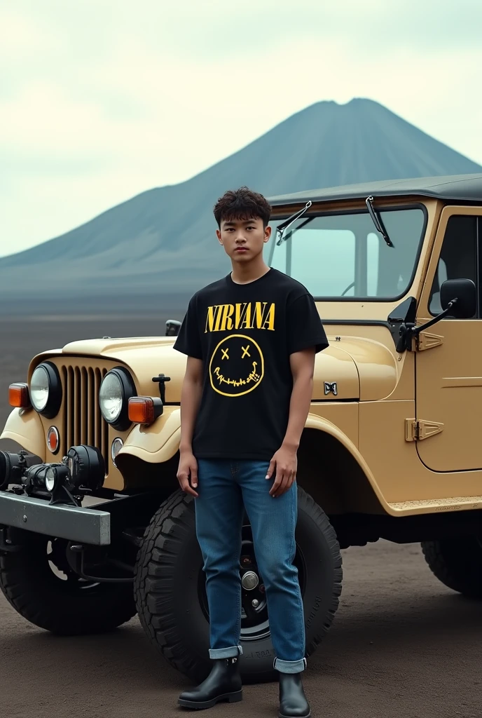 Stunning professional photo of a Korean man with short curly hair, standing next to a classic beige Jeep parked in front of Mount Bromo. Wearing a black nirvana  t-shirt, blue jeans and black boots, he posed near a Jeep equipped with radial tires, brightly tinted windows and black accents, exuding a sense of adventure. The Bromo savanna illuminates the landscape, creating a harmonious blend of modern and classic elements