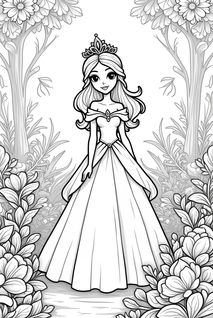 Stress-free coloring, page with image of princess with garden setting, style cartoon, linhas grossas, uncolored, totally white background, only lines. Beautiful appearance