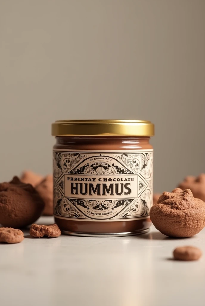 Create an image of a chocolate hummus container that is tin-type and has a creative label with a gold-colored lid on the front.. 
