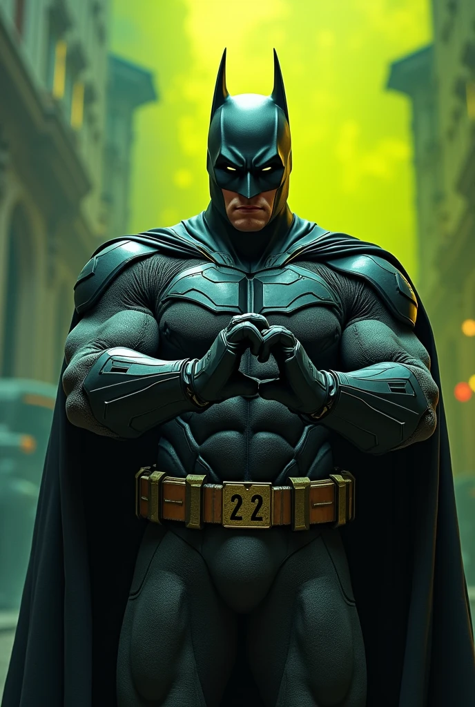 Create a right-wing batman, with the 22 in place of the mark that is stamped on the chest of his armor, lots of green and yellow color, with batman making bolsonaro&#39;s gun with his hands. 