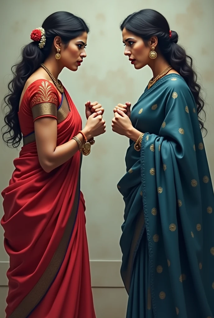 One woman in red saree and another woman in blue saree stare each other in hatred fighting for the same husband