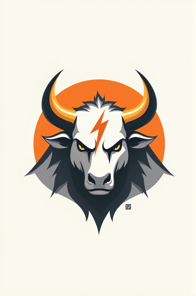 Create a logo of a bull with a lightning bolt marked on its forehead and the logo uses only the colors white, orange and gray.