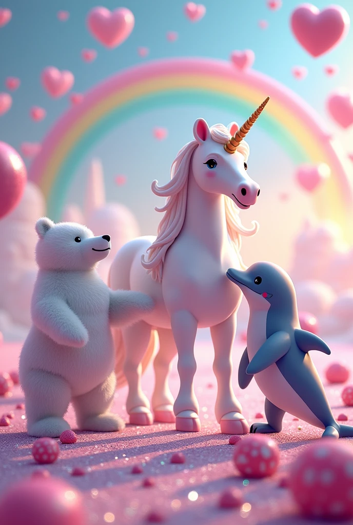 Large unicorn with polar bear and dolphin, hearts, rainbow, lots of glitter and candy