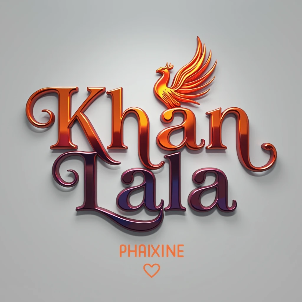 A mesmerizing 3D illustration featuring the "KHAN LALA" logo, created by a talented artist. The logo is written in an elegant, flowing font, with a charming heart nestled within its curves. A stunning, iridescent fire phoenix adorns the design, displaying vibrant, metallic shades of gold. The contrasting colors and intricate elements stand out against a pristine white background. This versatile illustration is perfect for various applications such as cinematic posters, architectural renderings, and more. The artist showcases their exceptional skills in illustration, fashion, cinematic design, vibrant colors, photography, architecture, and 3D rendering in this awe-inspiring piece., architecture, poster, product, illustration, typography, photo, cinematic, vibrant, painting, 3d render, fashion