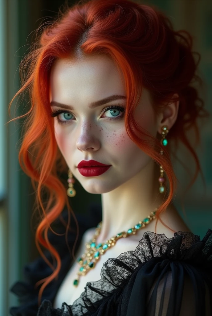 A very beautiful toreador vampire with extremely red hair, she has one blue eye and one green eye, she also has freckles, She has noble origins and is very fond of jewelry and always wears high heels., your high heel is elegant and chic, at the moment she is wearing modern 21st century clothes