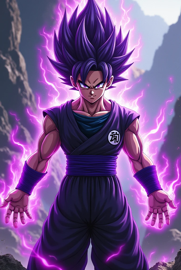 A super saiyajin with purple hair and black streaks, the aura is purple and black, the eye color is purple with black pupil. A black gi with purple lines and under the ki a black and long sleeve muscle shirt with thin purple stripes