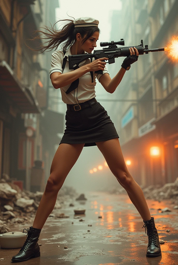 beautiful stewardess mini skirt realistic machine gun toting toting hip firing real person  standing rampage shooting side target facing


