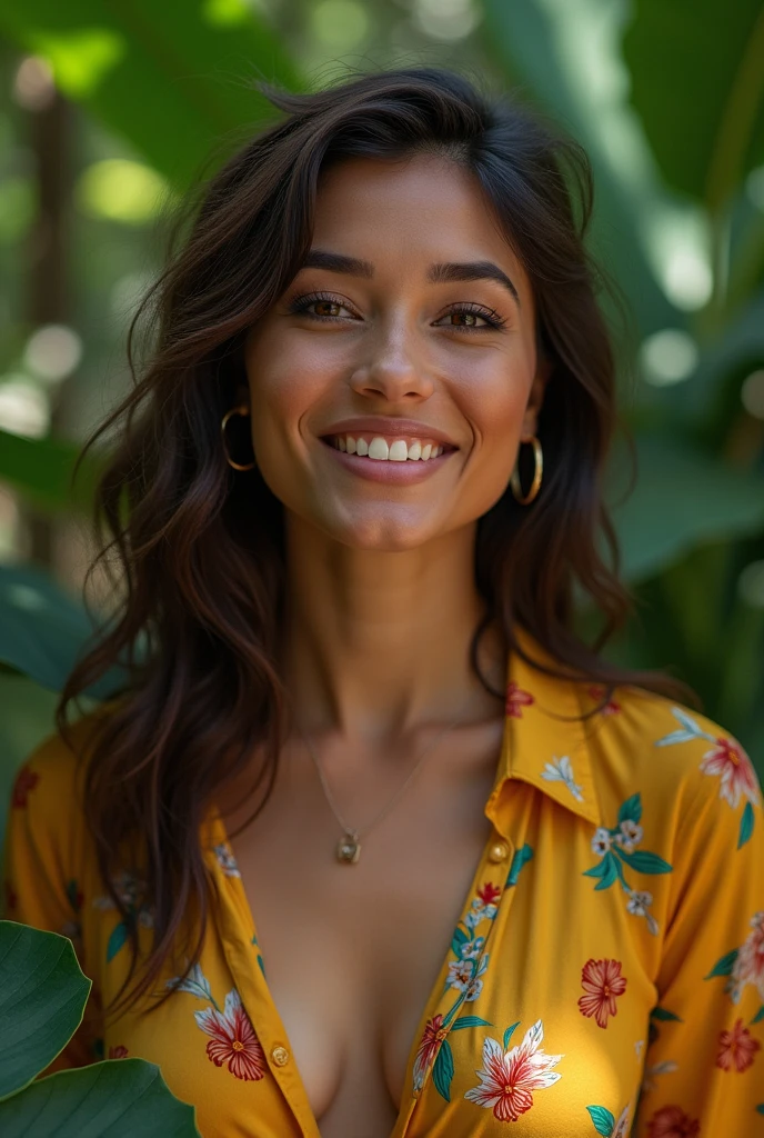 A Brazilian woman in a lush tropical garden, wearing an open shirt with a floral print, with a close-up capturing the harmonious beauty between her breasts and the natural flowers, showing off your natural charm and outgoing personality.