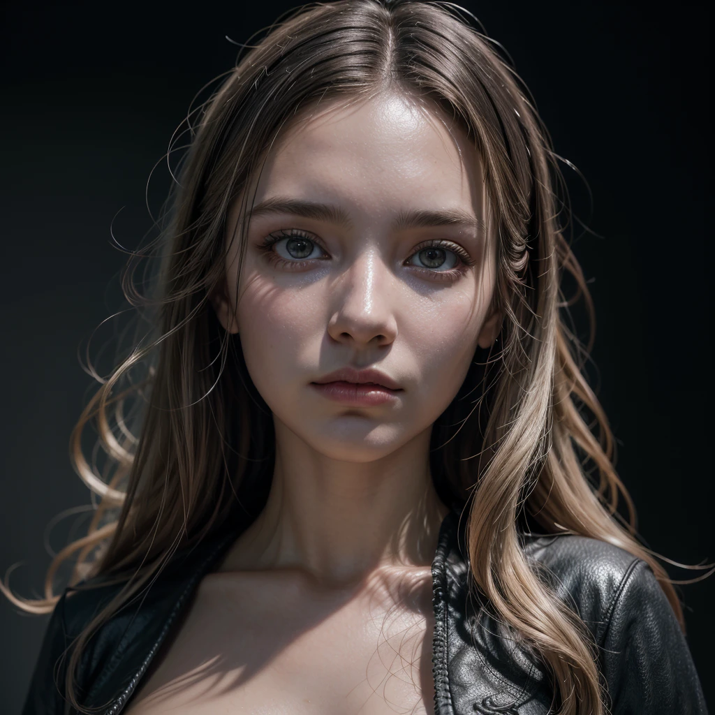 (Frontal focus),(in dark:1.6), Hyper-realistic portrait of a woman by David Hockney and Alphonse Mucha,Fantasyart, photo realist, dynamic lighting, art station, posters, volumetric lighting, Very Detailed Faces, 4K, awardwinning,, 1 girl, in dark, deep shadow, subtle,cowboy shot,(official clothing:1.4) ,long hair,White hair, estolo modelo plus size nua