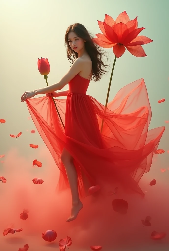 Light red tone, background of transparent soft pale green voile in a pleat, minimalist, elegant, pure gentle, soft light, photorealistic. Hypergiant red poppy with huge and long petals. (petal made of thin and soft tulle, flowing petals full background, floating petals, hyperflying petals, Smoke and petal effect mix). Beautiful woman in full growth, Beautiful legs,shoes,in a fast dance pose, (Ultra detailed face, hyperrealistic) posing with this lotus, woman holding green stem in front of her, lotus center in the photo, woman looking at viewer, permission 8k, masterpiece, top quality,