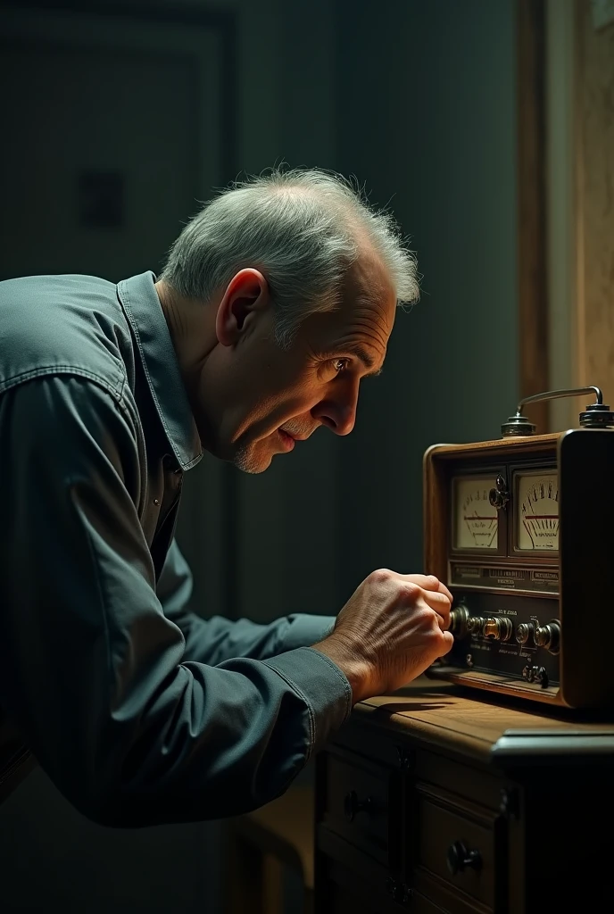 a middle aged man, Jonas, is sitting in a dimly lit room, adjusting an old radio with a terrified look on his face. 