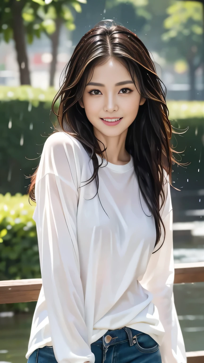 (masterpiece, Highest quality, 8k)、Cowboy Shot、One housewife、40 years old、Japanese、Walk towards here、smile、(Wet Hair、Wet Face、Wet clothes:1.4)、Sheltering from the Rain、Wet、Wet、Wet、Tight white long sleeve T-shirt、Skinny jeans、、Long Hair、Brown Hair、Shooting from below、Stroll through the park、Blurred Background、Focused eyes、Detailed hands、
