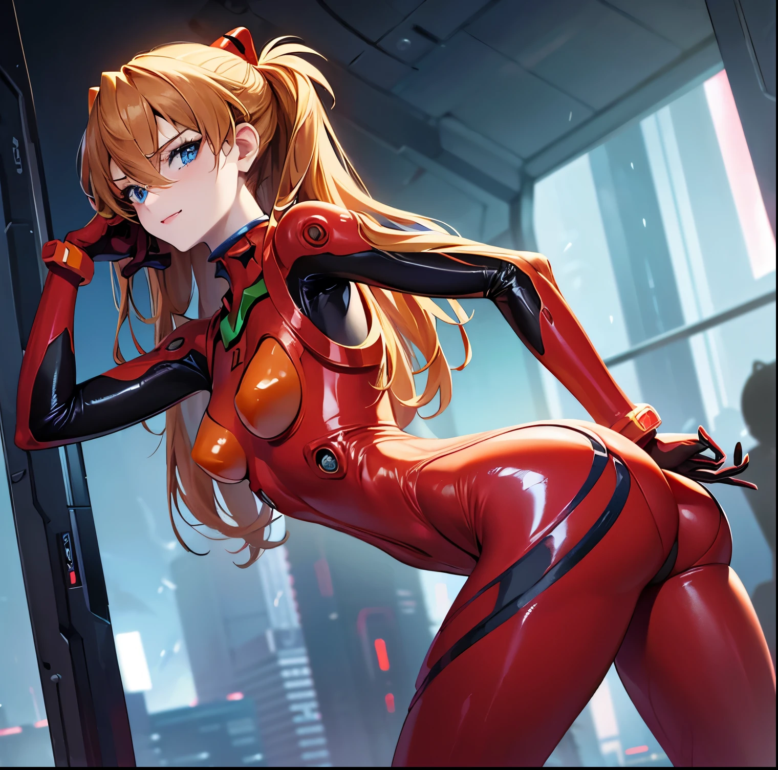 ((1girl)),((alone)),Asuka Langley,(masterpiece), (best quality), (ultra detailed), (best illustration), (best shadow), (absurdities), sharp focus, cowboy shot , dynamic posture looking at the viewer, small breasts, narrow waist, wide hips, wide thighs, round butt, erotic, romantic, (very detailed eyes, lips 1.1), very detailed eyes, eyes, Very detailed face, Very beautiful face, height full, beautiful slim figure, femininity, expressive appearance, elastic small breasts, sexuality, 2, orange hair, medium hair, perfect proportions, (Asuka Langley, plug-in suit 02:1.2)), ((Blue eyes, beautiful face, eyes beautiful))), moist eyes, bright eyes, thin face, thin lips, narrow eyes, thin pale eyebrows, long eyelashes, long lower eyelashes, model taking a pose with hands on hips, sullen look, (Shine Red High -Gloss Suit: 1.1), Dark red bodysuit that shines like a mirror (dark red rubber suit with strong metallic shine and smooth surface), (Large connection terminals under the chest of precision circles: light metallic and silver: 1.3 )), Precision circular Metal shoulder and silver large connection terminals: 1.1, light metallic green part of the shoulder blade, beautiful female hands wearing tight-fitting red latex gloves (black tie latex with a strong metallic shine on the inside of the arm), two simple black wide latex from thighs to buttocks, (full body composition standing in model pose with realistic details: 1.1), accurate simulation of light-matter interactions, defined body, perfect and beautiful body, perfect and beautiful, closed mouth, smile, seductive smile, blushing, (sexy pose: 1.2), ((solo)), standing: 1.3, outdoor, cyberpunk cityscape, streets, city, lights neon, city lights, rain, night, looking back, from behind, ((focus on ass)), point of view: (from below), red blush, perfect anatomy, perfect hands