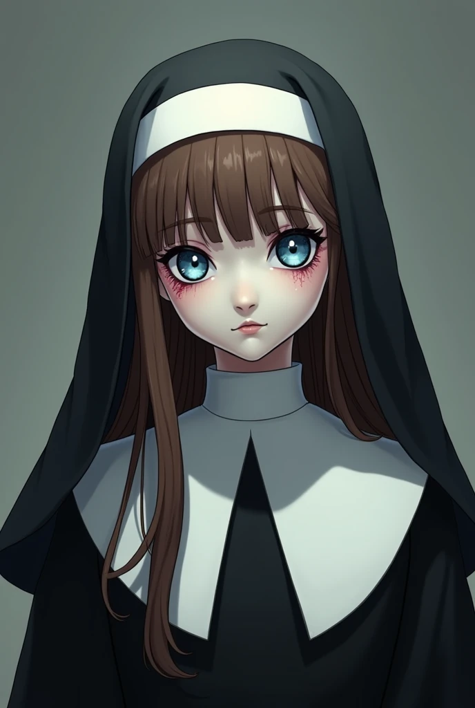 Create a anime Overlord OC that's and plump Marionette nun features a porcelain exterior that is cool to the touch. Certain parts of her body appear fragile and fissured, revealing purplish flesh that writhes beneath her surface. She possesses long brown hair with bangs that cascade to the right side of her steel blue eyes. Adorning her head is a black veil, accompanied by a white under veil that complements her white coif. Her ensemble includes a black dress layered with a white scapular that is elegantly draped over it. She stands at a height of 5'1"ft.