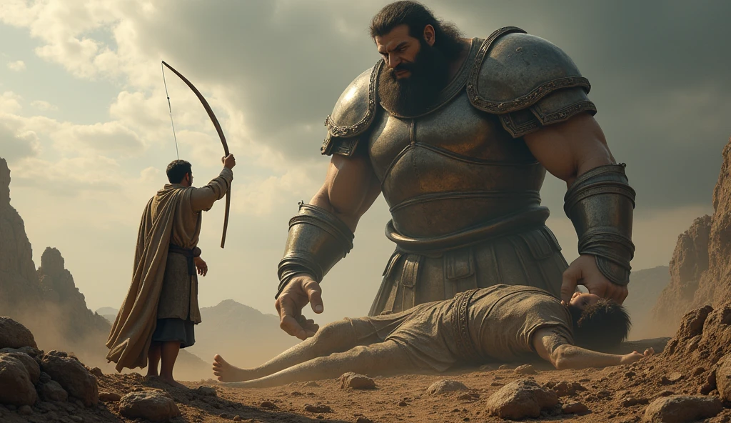 (photorealism:1.2), David kills the giant Goliath (VERY GIANT), gaining fame