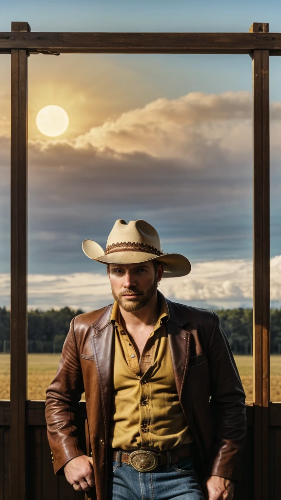 A sexy cowboy,in a horse barn, wearing cowboy hat and costume, looking at the camera seductively, bookeh, yellow sun, beautiful colourful clouds, rowdy, leather, detailed features, masterpiece, posing, cinematic, looks like a still shot from a western Film , (detailed handsome face), best quality photo, 16 k resolution, realistic photo