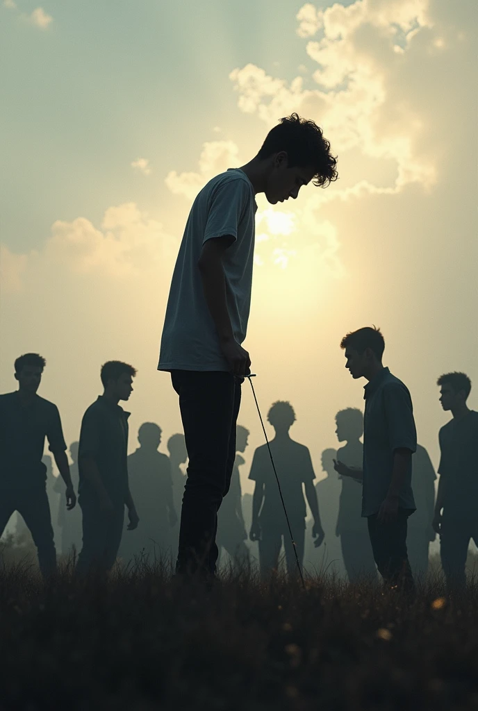 Create an image of a teenager urinating on top of a group of shadow people