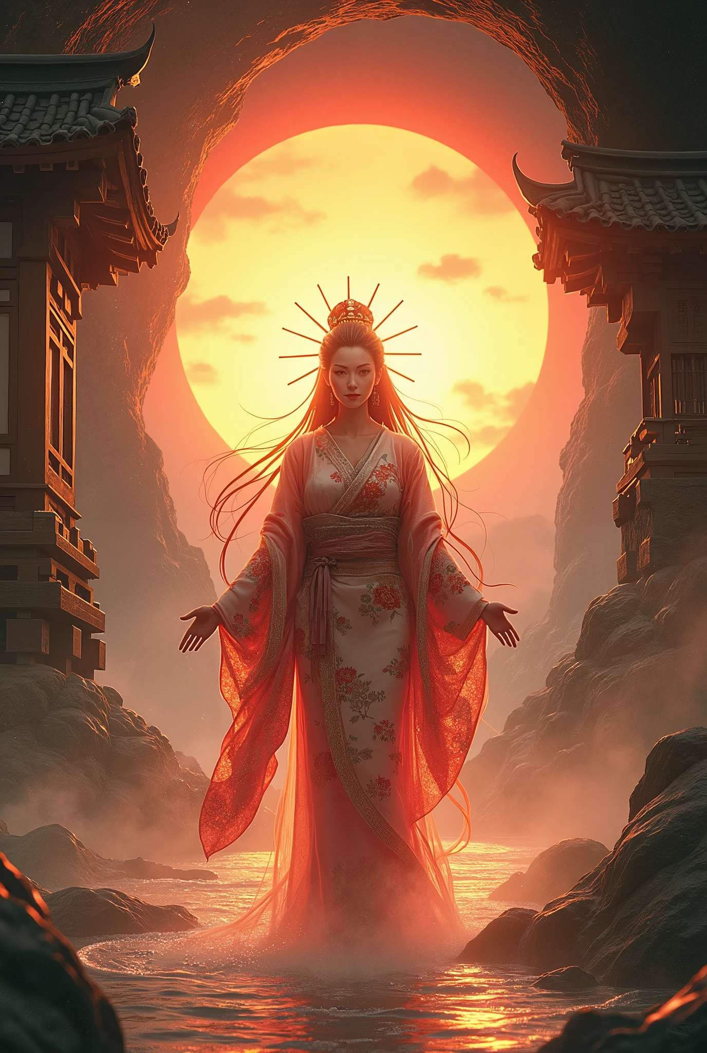 **Amaterasu (Japanese Goddess)**: Depict Amaterasu, the Japanese sun goddess, emerging from a cave, bringing light to the world. She is dressed in a traditional kimono with intricate patterns, her face glowing with divine radiance. The backdrop includes a Shinto shrine and the rising sun. —ar 9:16 —s 1000
