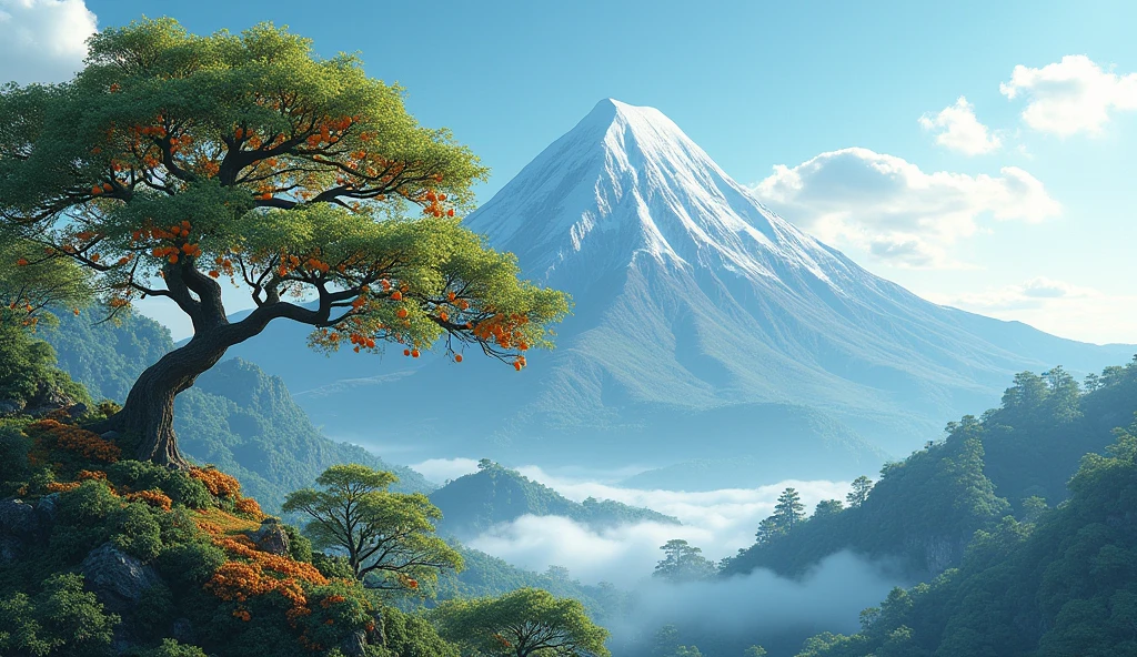 Front view，There is a mountain with many ash trees growing on it.，The yew tree bears fruits similar to persimmons（best quality，4K，8k，High level，masterpiece：1.2），Ultra Detailed，（lifelike，Photo real，Photo real：1.37）