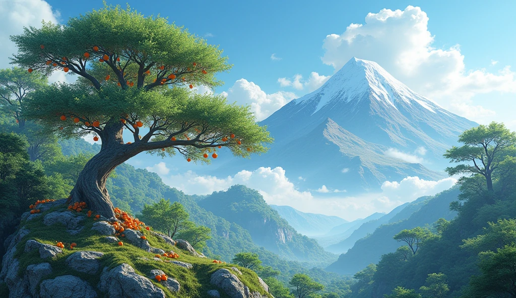 Front view,There is a mountain with many ash trees growing on it.,The yew tree bears fruits similar to persimmons(best quality,4K,8k,High level,masterpiece:1.2),Ultra Detailed,(lifelike,Photo real,Photo real:1.37)