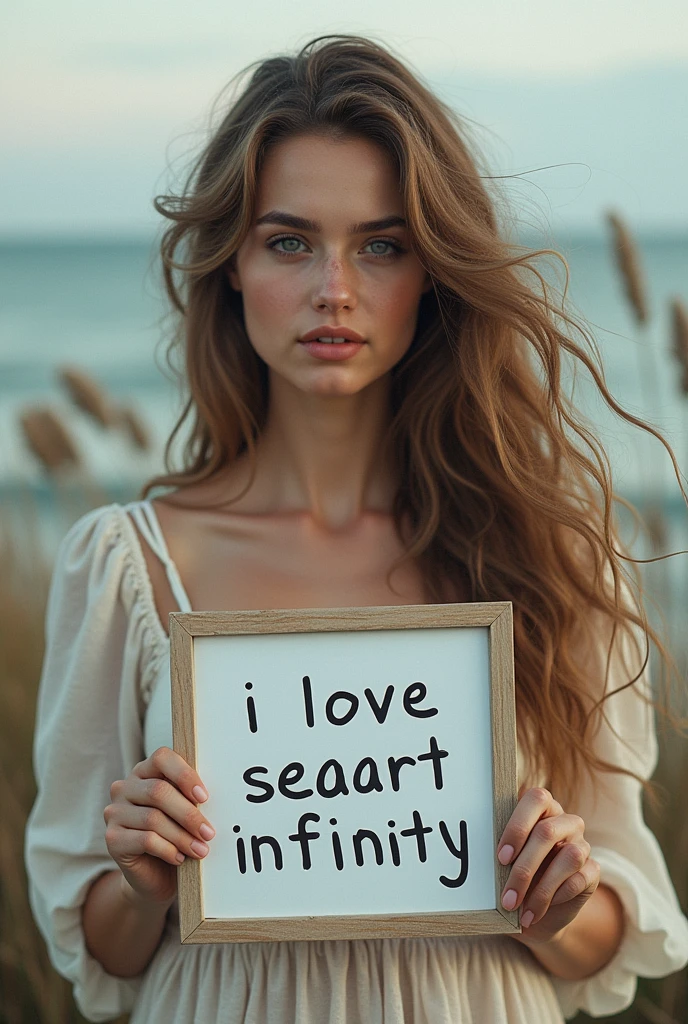Beautiful girl with wavy long hair, bohemian dress, holding a white board with text "I Love Seaart Infinity" and showing it to the viewer