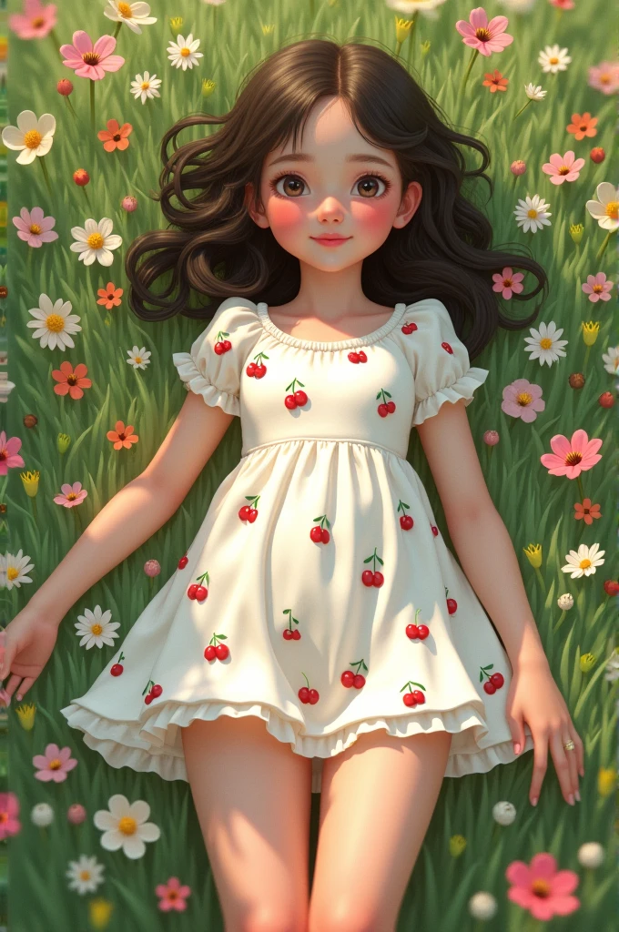 Une jeune fille avec une robe blanche courte à imprimer cerise, allongée sur l'herbe avec beaucoup de fleurs