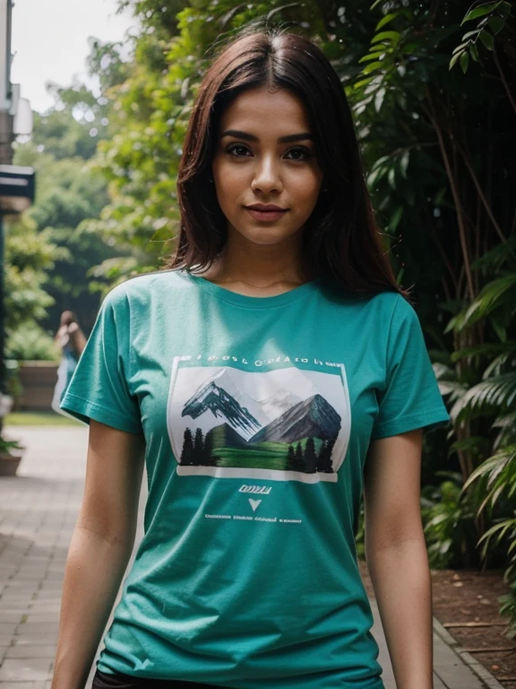 3/4 del cuerpo, Background Mountain, camiseta verde, camiseta con escote, pelo suelto.
