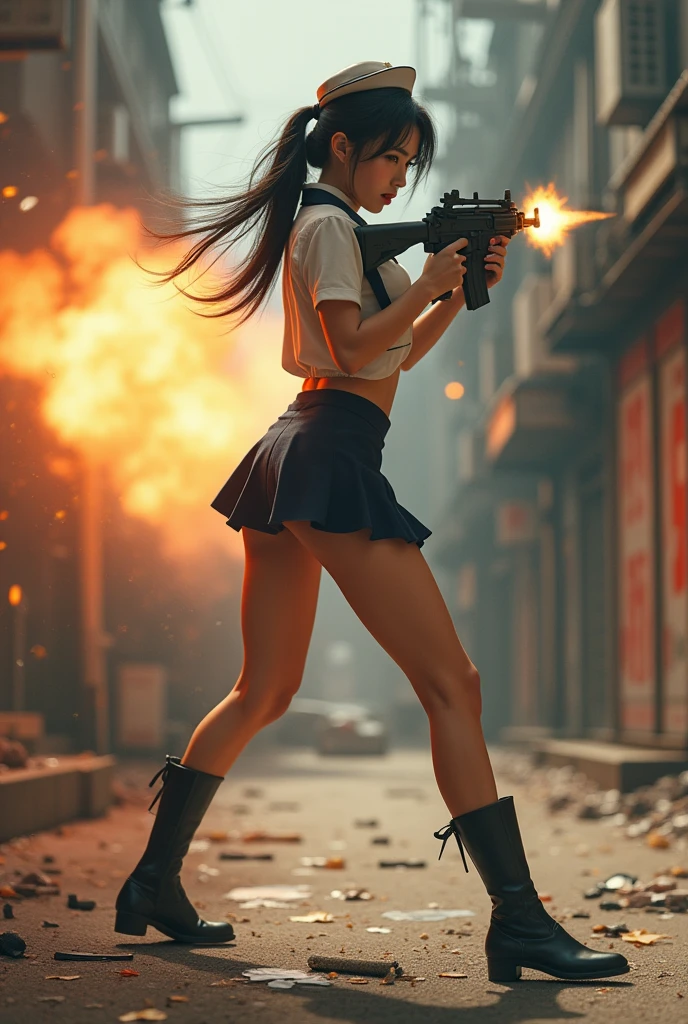 beautiful chinese stewardess mini skirt realistic machine toting toting hip firing real person legs apart standing rampage shooting side target facing