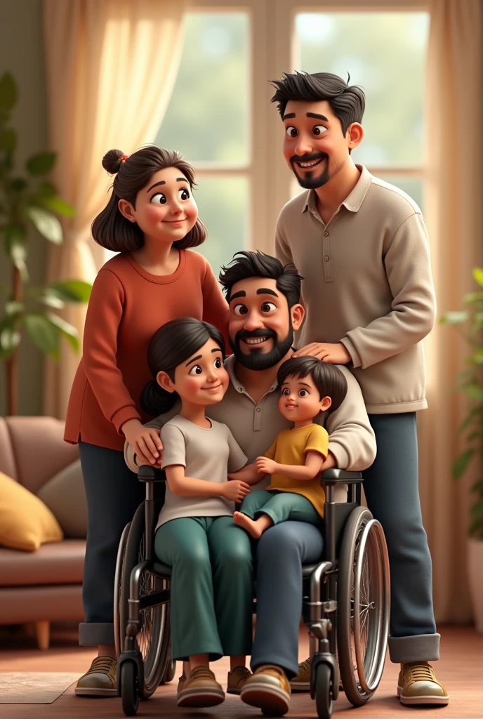 You can create a 3D image of a family consisting of the following members:

1 a 60-year-old woman of 1,50m tall with short brown hair 2 a 60 year old man in a wheelchair with black hair and no beard 3 a 35 year old man with slight overweight, white skin and black hair 1,75m tall without a beard 4 a 35 year old man, 170m tall, white skin and black hair, without a beard 5 a 2 woman, thin, white skin, brown hair with blonde streaks 6 a 3 woman with cinnamon skin and black hair 7 a  girl with cinnamon skin and dark hair ?

There are 3 women in total. , 3 men and a girl 