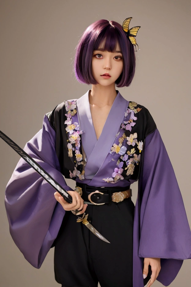 masterpiece, best quality, highres, 1girl, solo, kochou shinobu, butterfly hair ornament, purple eyes, multicolored hair, short hair, parted bangs, haori, wide sleeves, long sleeves, black pants, black jacket, belt, cowboy shot, holding weapon, sword