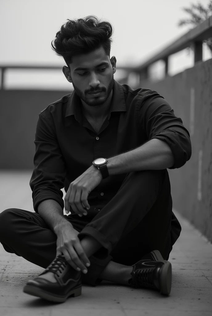 Indian Sad male model on floor terrace, black and white,