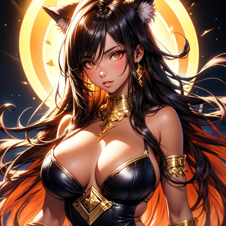 Beautiful werewolf girl with long golden hair,fair skinned, brown eyes and large breasts, uhd, textured skin, super detail, high details, high quality,
