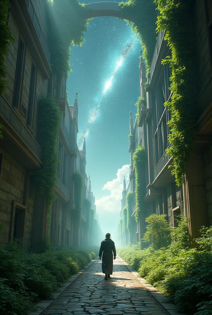 a corridor of walls with vegetation and buildings opening onto a square as you walk showing the universe at the end with no defined end