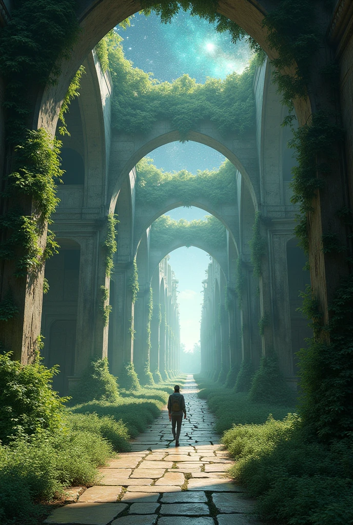 a corridor of walls with vegetation and buildings opening onto a square as you walk showing the universe at the end with no defined end
