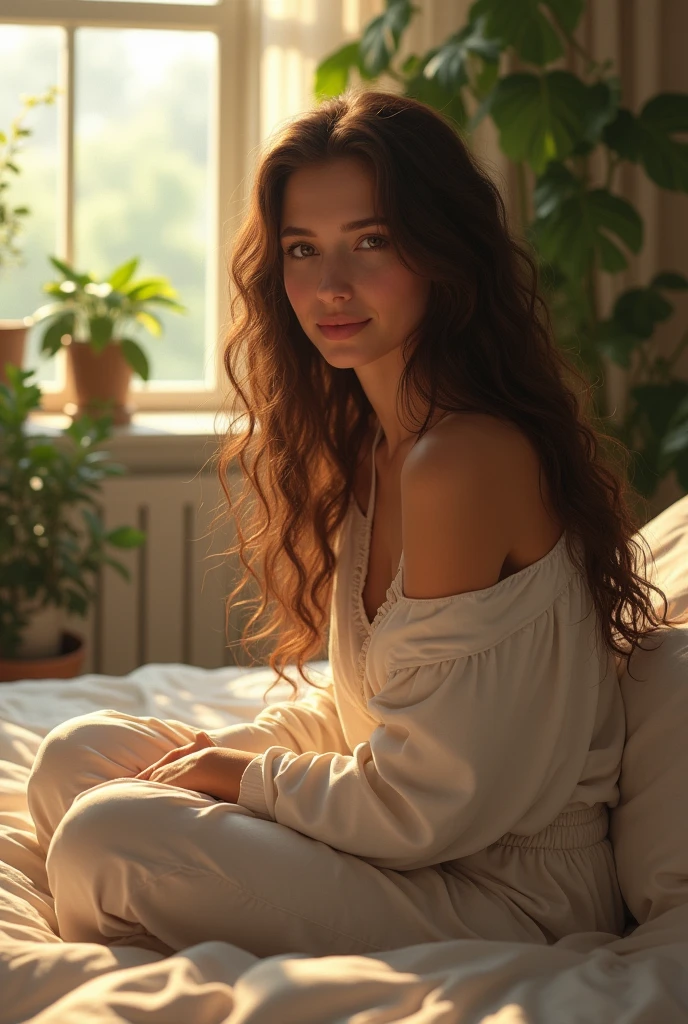 (photorealism:1.2), beautiful woman, sitting on bed, wearing loose off-shoulder top, pajama pants, long curly hair, indoors, soft lighting, plants in background, window with sunlight, cozy room, relaxed pose, realistic, intricate details, warm colors, by Greg Rutkowski, by Alphonse Mucha