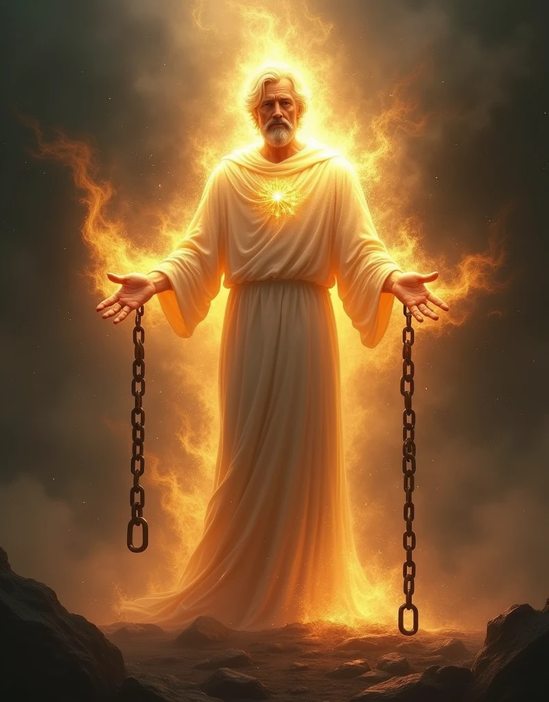 Create a male front Image of the Holy Spirit glowing and slightly fiery around him, in his hands Breaking thick bronze chains Falling to the ground the links of the chain. Behind the Holy Spirit black background dark and evil shadows moving.