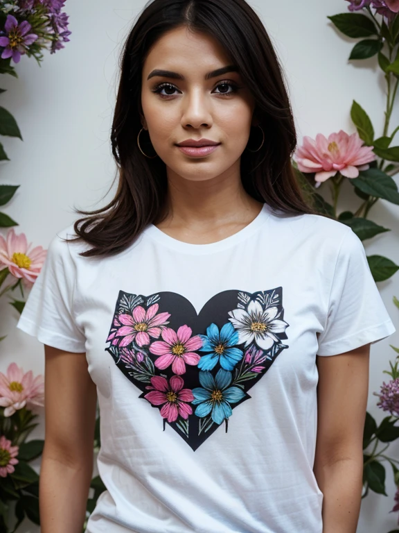 A strikingly stylish woman wearing custom designed tshirt, tshirt has flower design, elements of flowers on tshirt