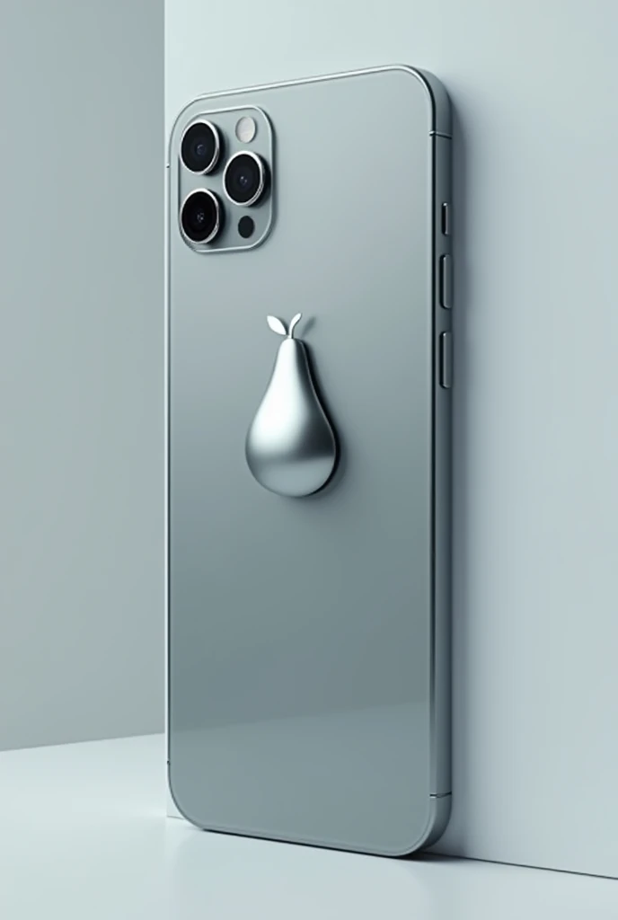 Generates a technological cell phone with a pear symbol as its logo  (to fruit) as if it were Apple&#39;s dough and create something similar to the iPhone. The cell phone is gray 