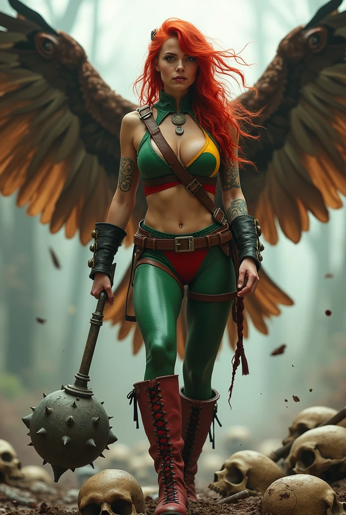 (((In extreme close-up a beautiful red-haired woman wearing a green leather top with yellow in the middle and (((Cali green leggings with red shorts or thong over the leggings))) red boots on a sheepdog Mace in a metal ball placed on the end of a cane or metal handle with rounded protuberances without spikes huge brown falcon wings that cover her entire body brown harness on her chest tattoos on one of her arms a long braid shaking in the wind on her knees screaming exhausted after an extensive battle skulls and blood cursed cemetery)))