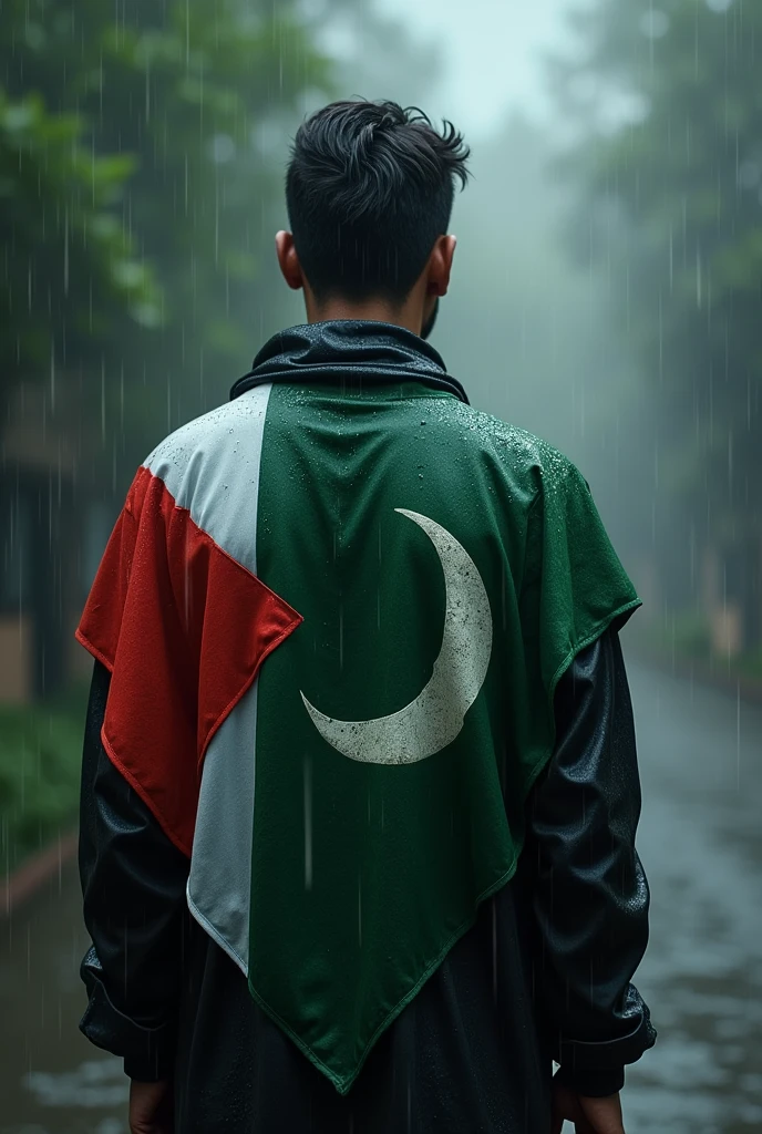 A young man wearing Pakistani and Palestine flags, from back side, separate flags, rainy weather 