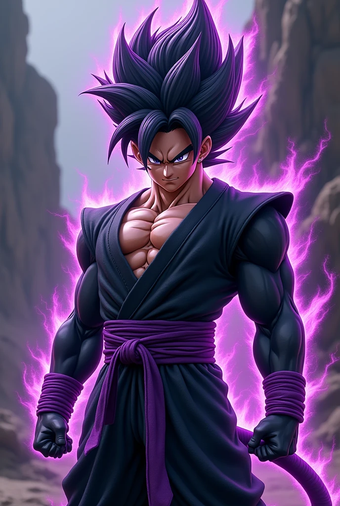 A super saiyajin with purple hair and black streaks, the aura is purple and black, the eye color is purple with black pupil. A black gi with purple lines and under the ki a black and long sleeve muscle shirt with thin purple stripes and the saiyajin tail is also purple 