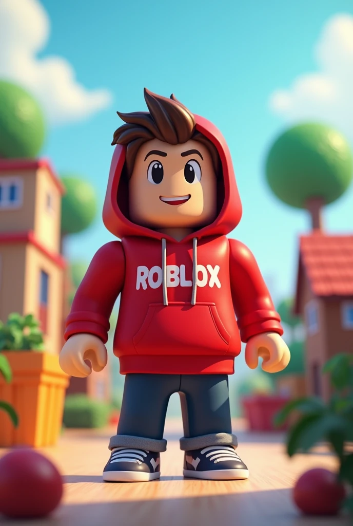 Create a Roblox character with a classic game avatar style. She is wearing a red hoodie with the &#39;Roblox&#39; logo in white in the center.. The character has a simple, square appearance., with a friendly and expressive face. She is standing in a typical Roblox setting., like a world of colored blocks, with pixelated trees and blue skies The image should convey the feeling of being in a Roblox game, with low resolution graphics.
